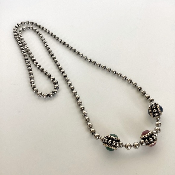 Gripoix Style Silver Tone Bead Ball Chain Multicolor 3 Ball Pendant 18" Necklace - Picture 6 of 16